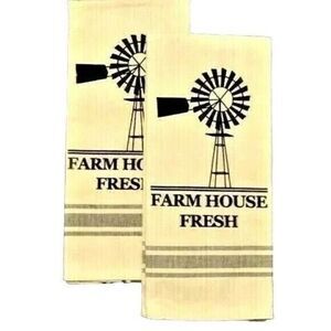 Farmhouse Fresh Water Pump Kitchen Towels 2-Pc Natural Color Gray Stripes NEW